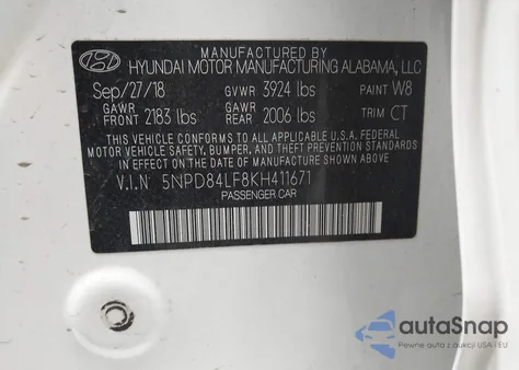 2019 Hyundai Elantra Sel z USA, uszkodzony, nr VIN 5NPD84LF8KH411671